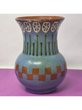 Vintage Studio Art Pottery Vase Blue Geometric Hand Thrown Signed 501